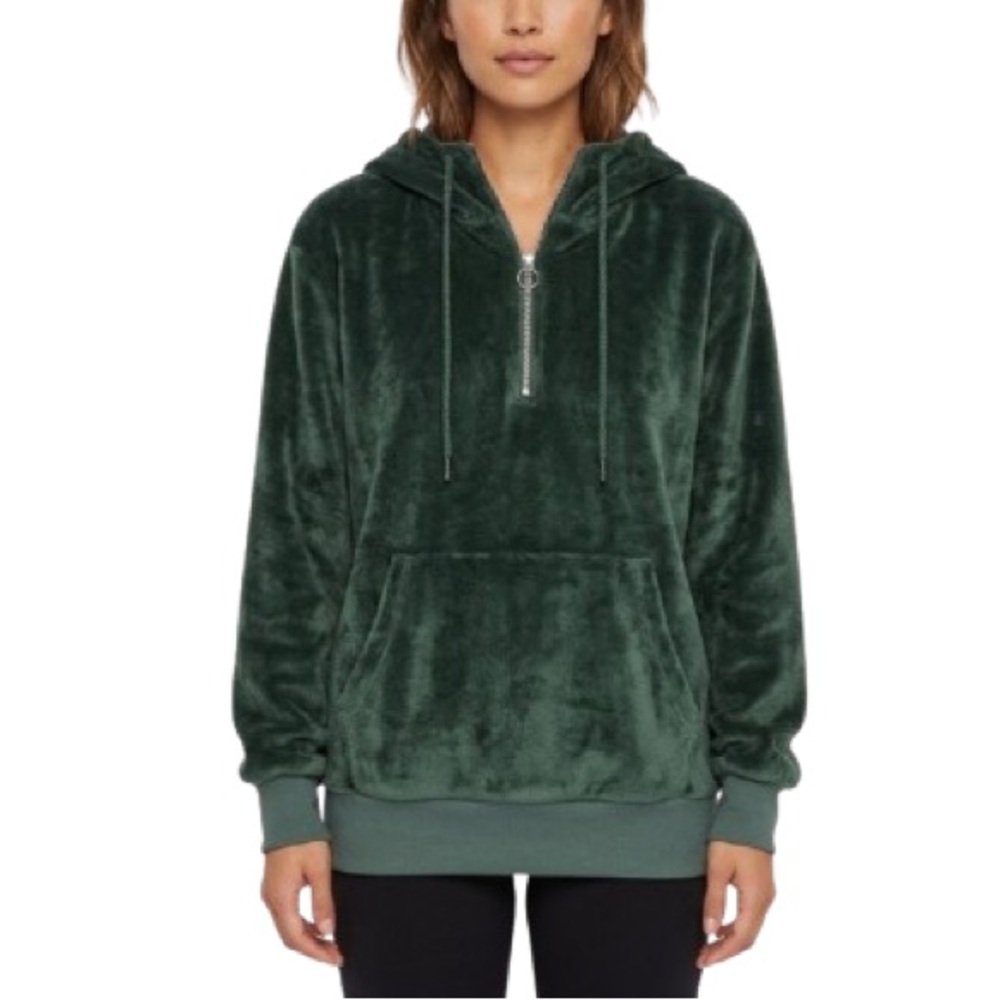 Express One Eleven Womens Plush Fleece 1/2 Zip Hoodie Olive Green XS Drawstring